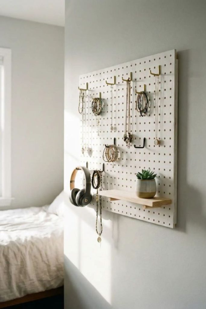 Pegboard holding jewelry arranged playfully
