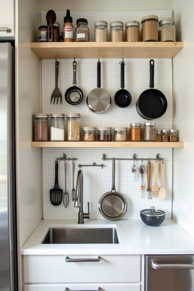 Pegboard with hooks holding kitchen tools