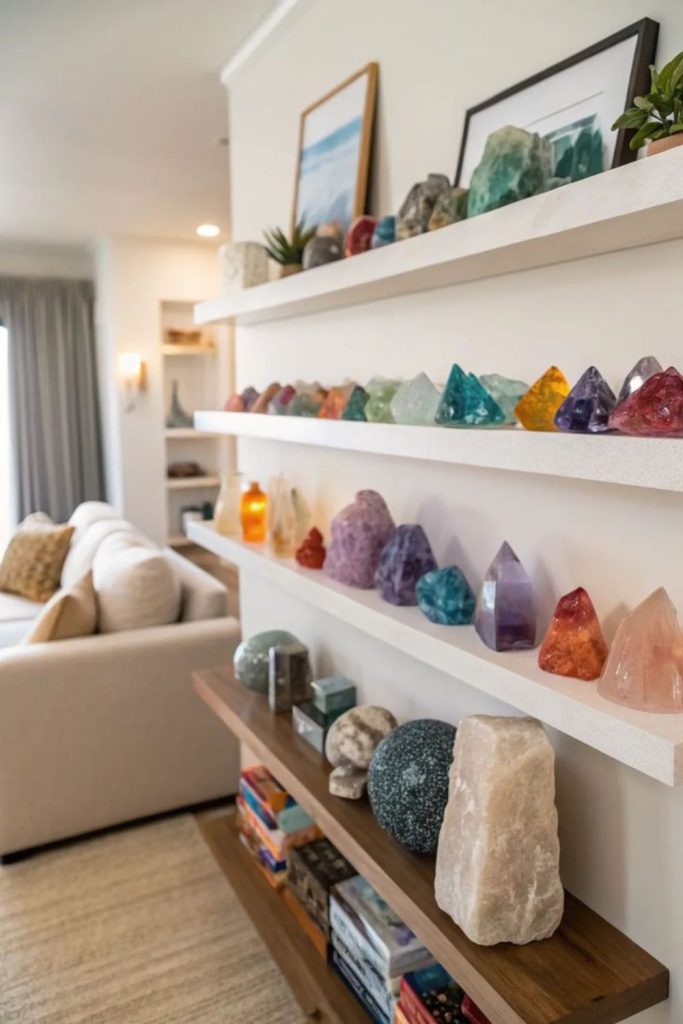 Smooth stones arranged on decorative shelves