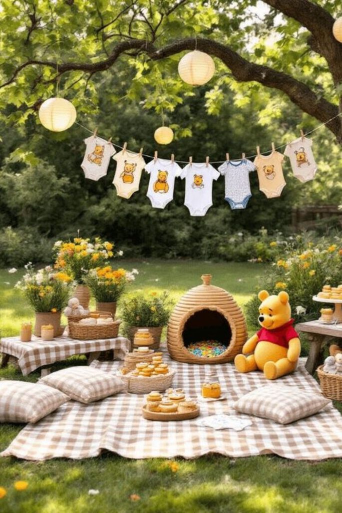 Pooh picnic themed shower scene.