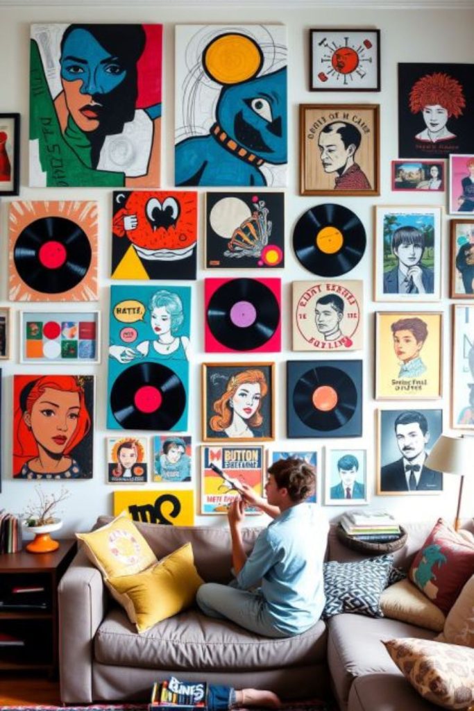 Comics movies graphic prints layered vibrantly.