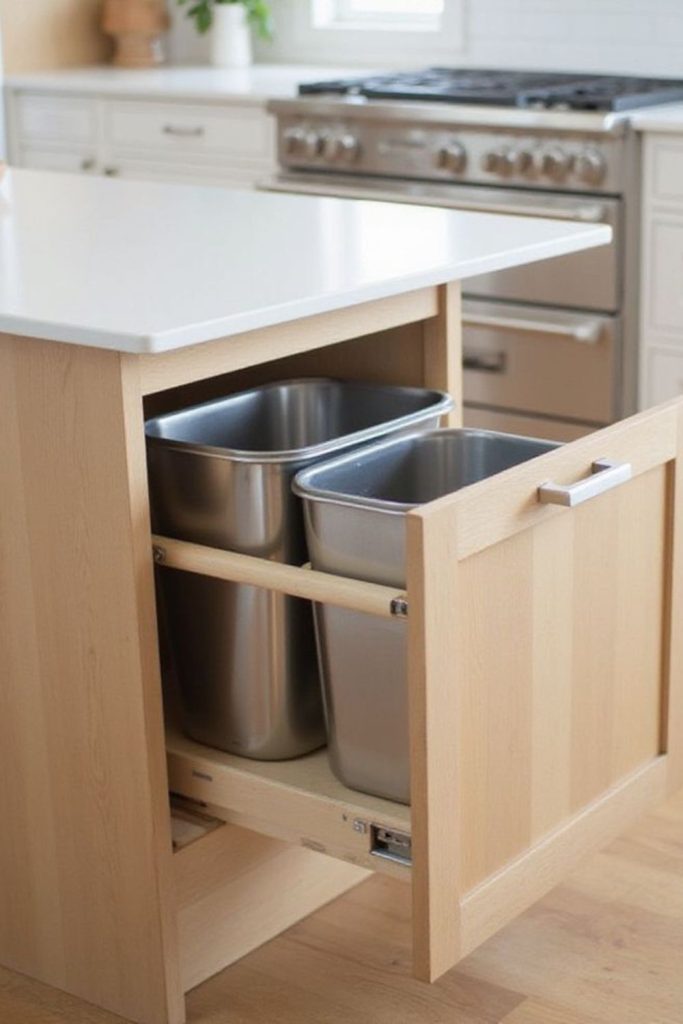 Pull-out trash bins hidden inside cabinetry