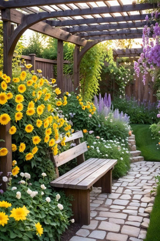 Sunflowers erupt along uneven playful paths.