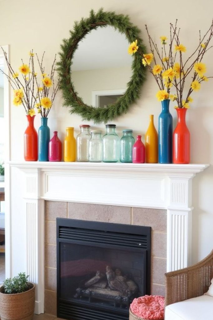 Colored glass jars reflect sunlight