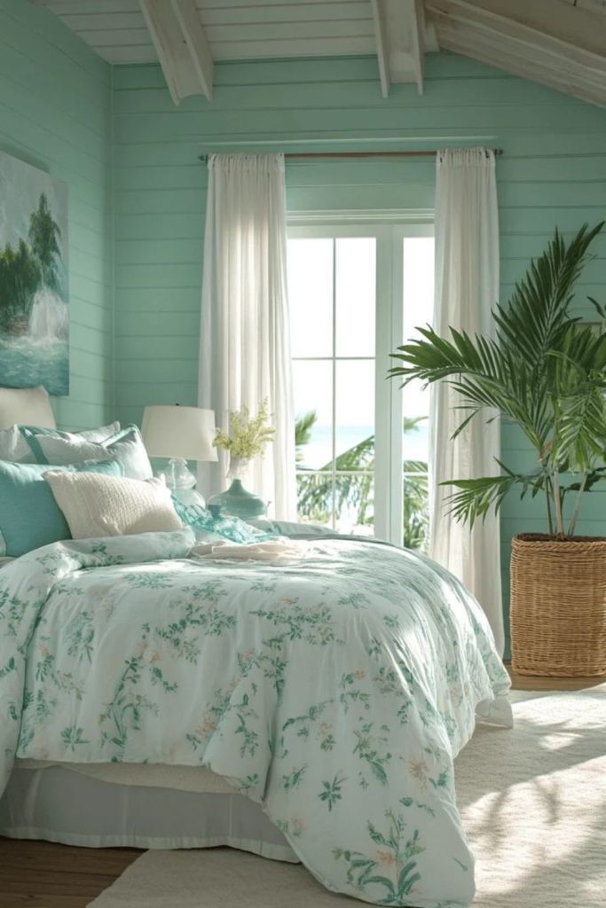 Blue green bedroom with soft drapes.