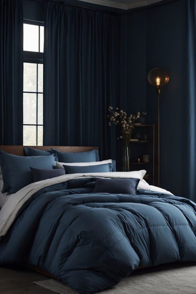 Midnight blue cozy moody bedroom