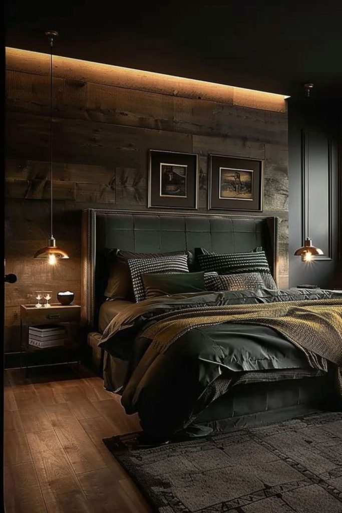 Rustic dark wood moody bedroom