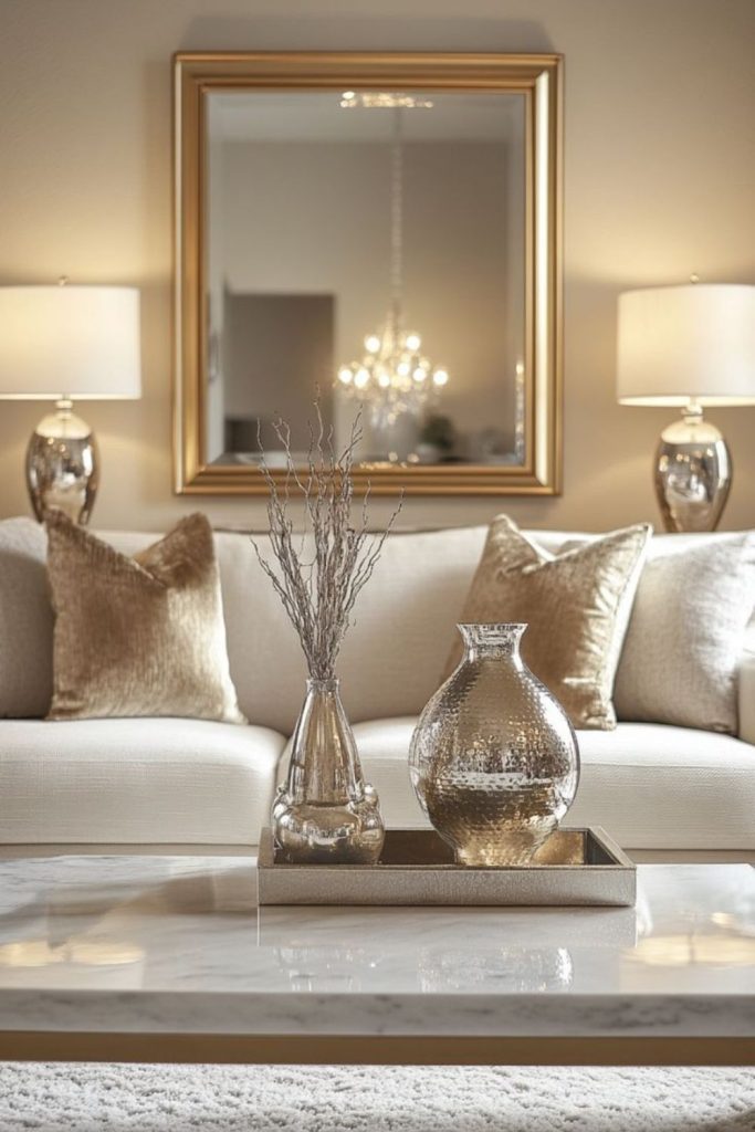 Metallic decor introducing shimmer and depth.