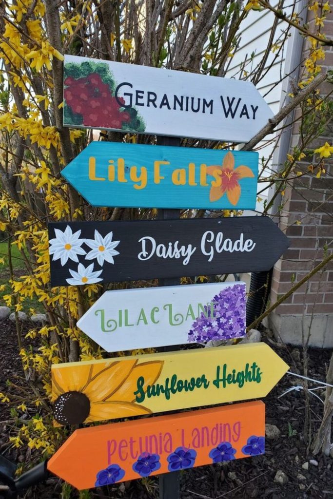 Weathered wooden signposts in garden