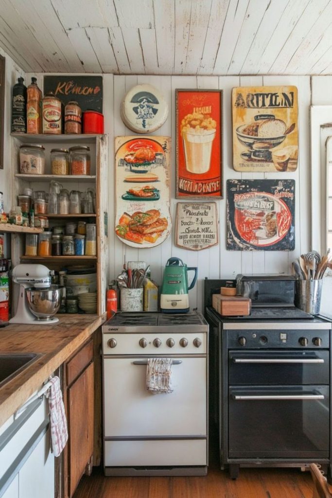 Vintage tin signs on kitchen wall