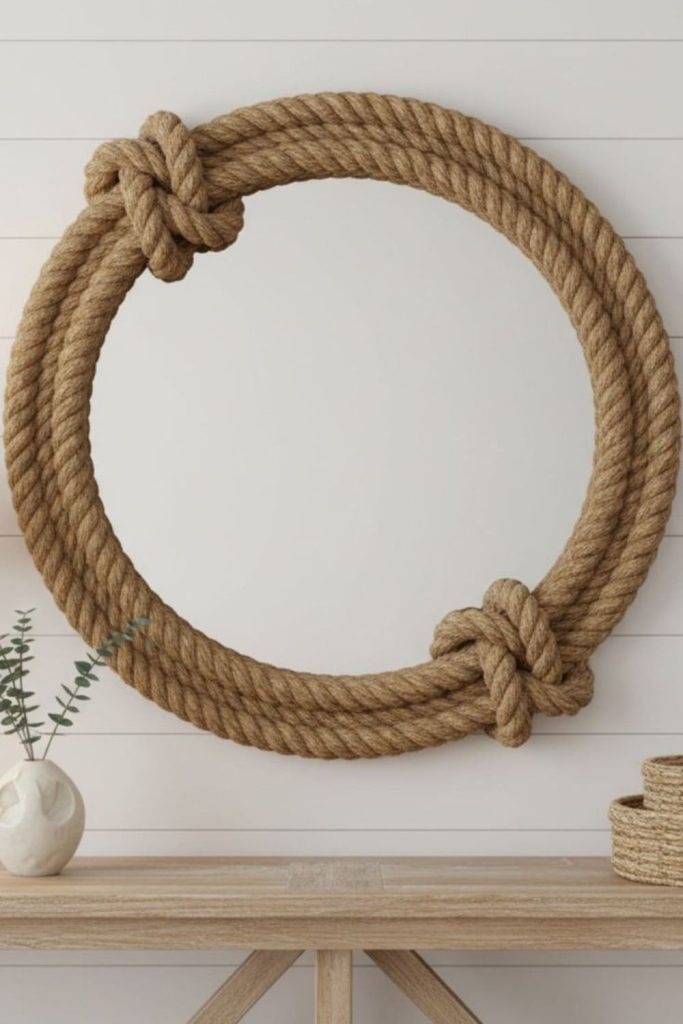 Mirror framed with rugged twisted rope
