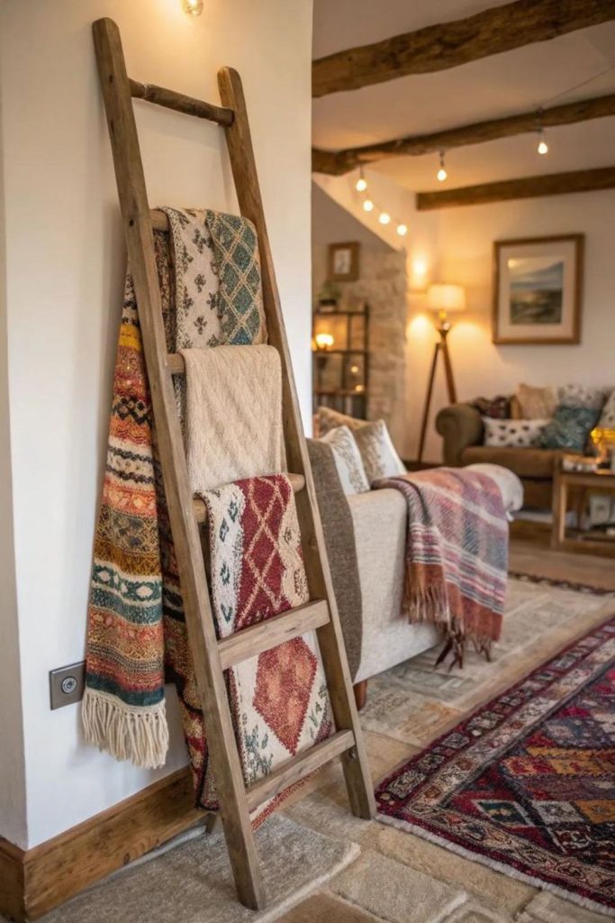 Leaning ladder displays layered rugs