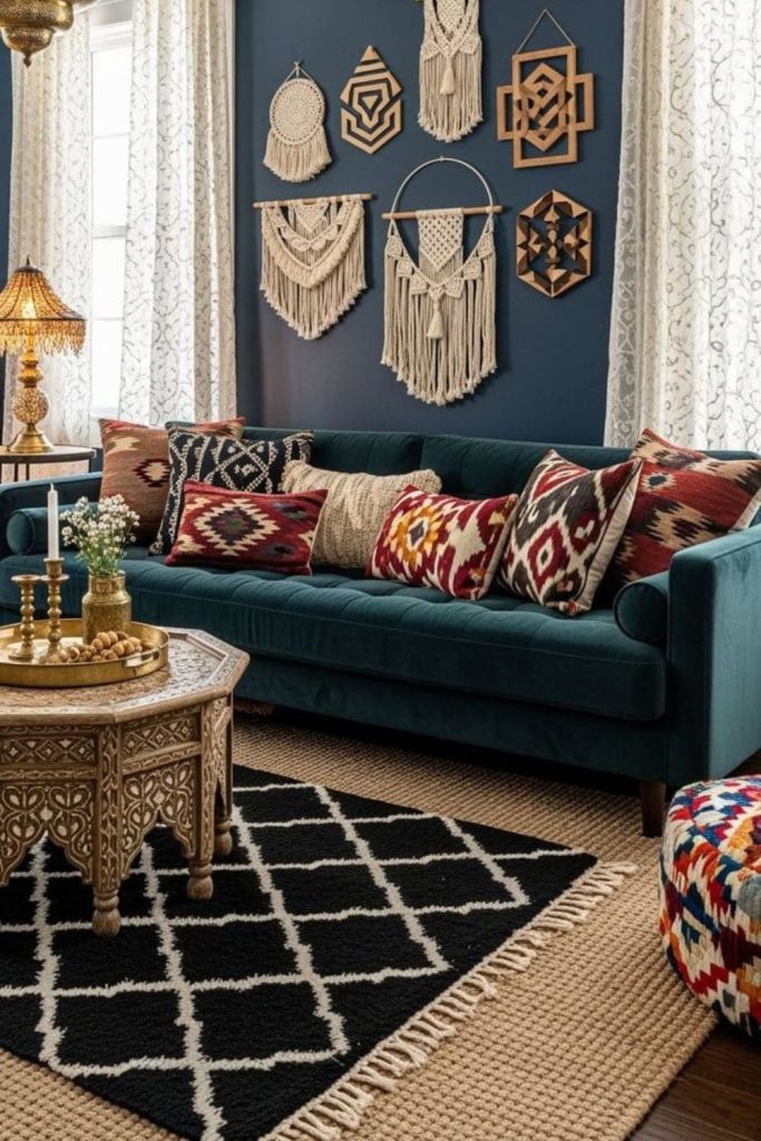 Layered rugs create cozy eclectic vibe