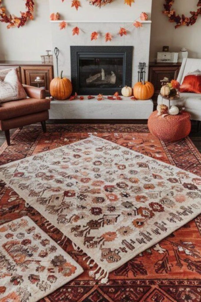 Layered rugs producing cozy visual interest.