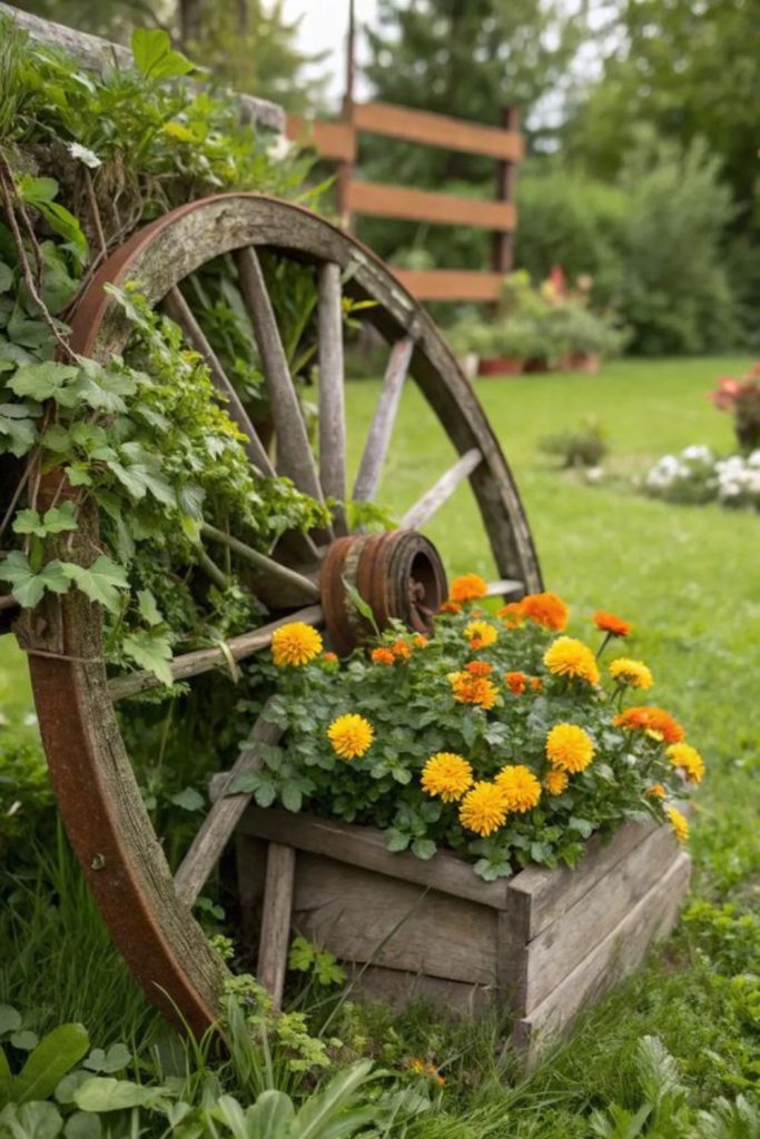 Antique wheel with wildflowers