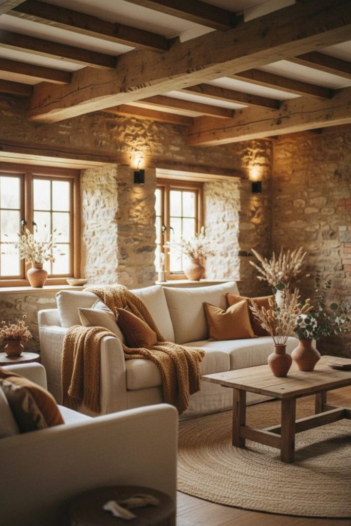 Rustic beams and stone textures.