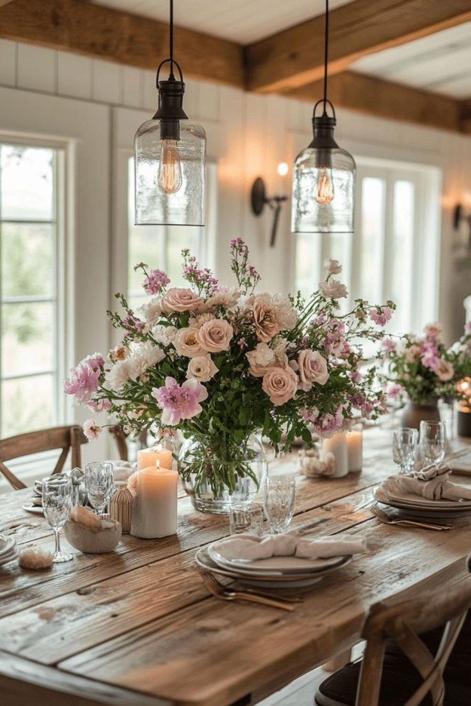 Rustic dining table with blooms.