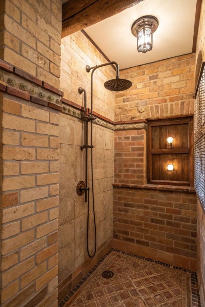 Brick textured corner shower design.
