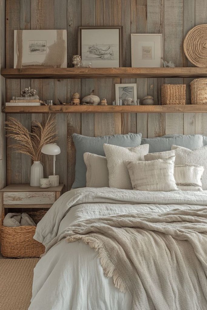 Weathered wood mounted above bed