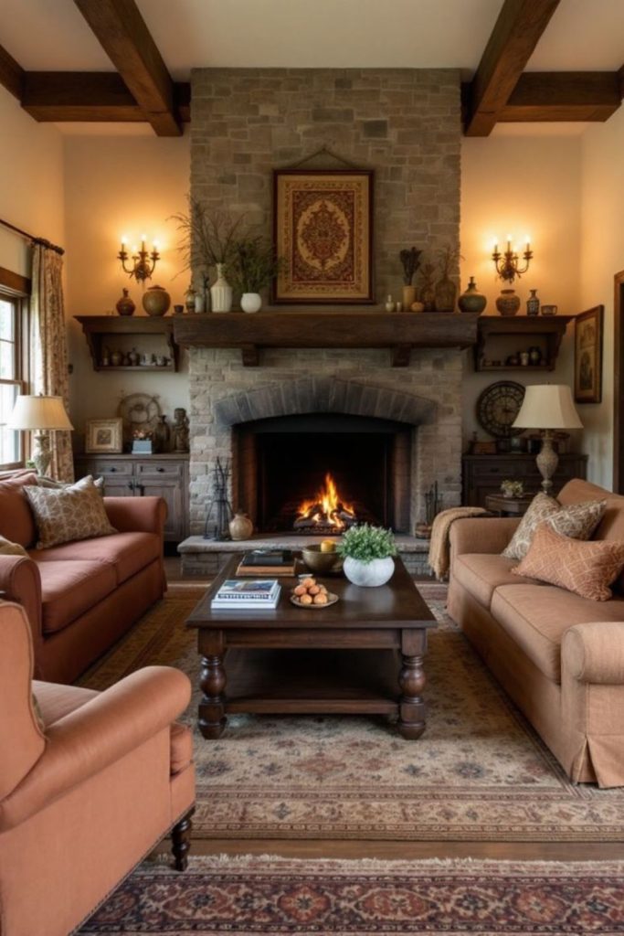 Warm rustic living space with fireplace
