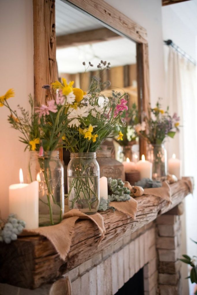 Driftwood with wheat stalks wildflowers