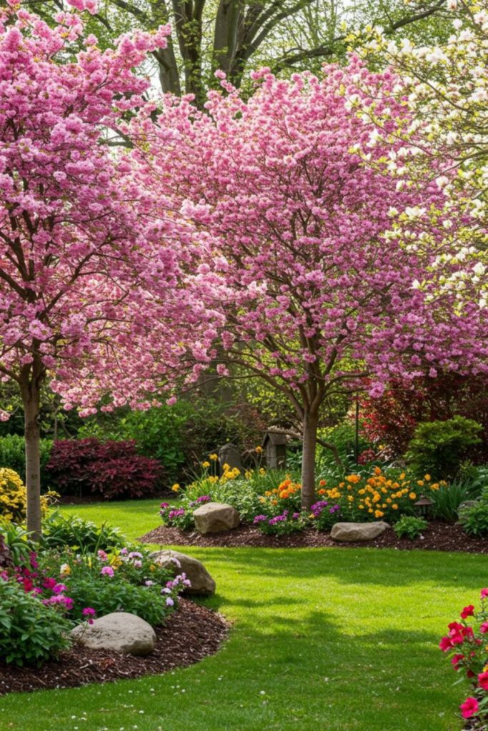 Orchard trees creating winding shadowed pathways.