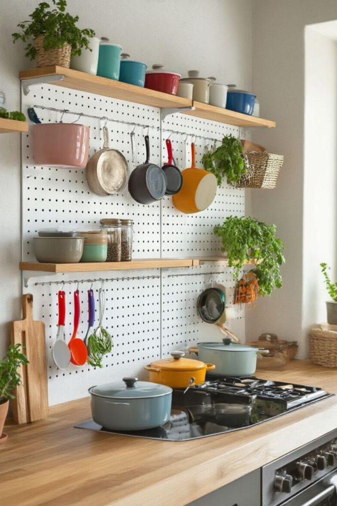 Pegboard wall with hanging kitchen tools