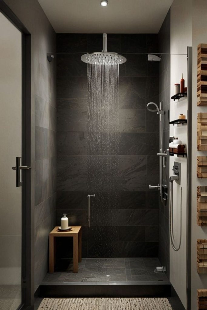 Rustic slate corner shower retreat.