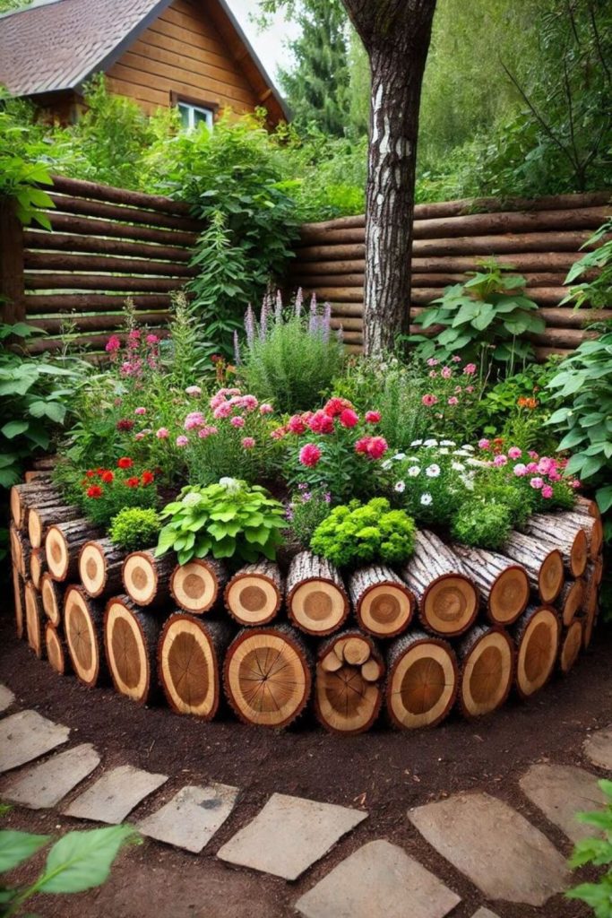 Weathered logs surrounded by wildflowers.