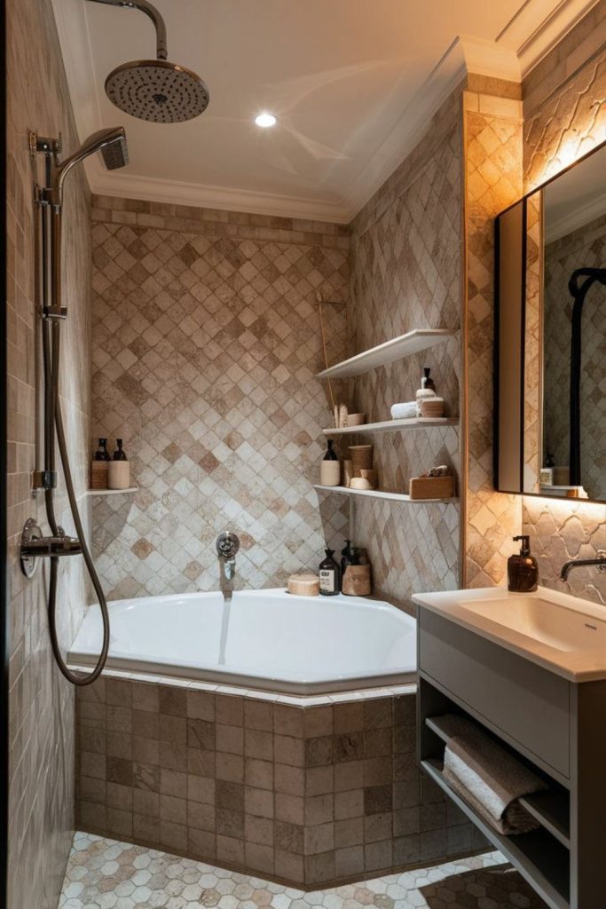 Warm sandstone small spa bathroom