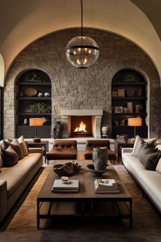 Sculptural centerpiece surrounded seating artistic focus