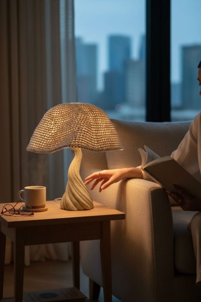 Sculptural ceramic table lamp glowing softly.