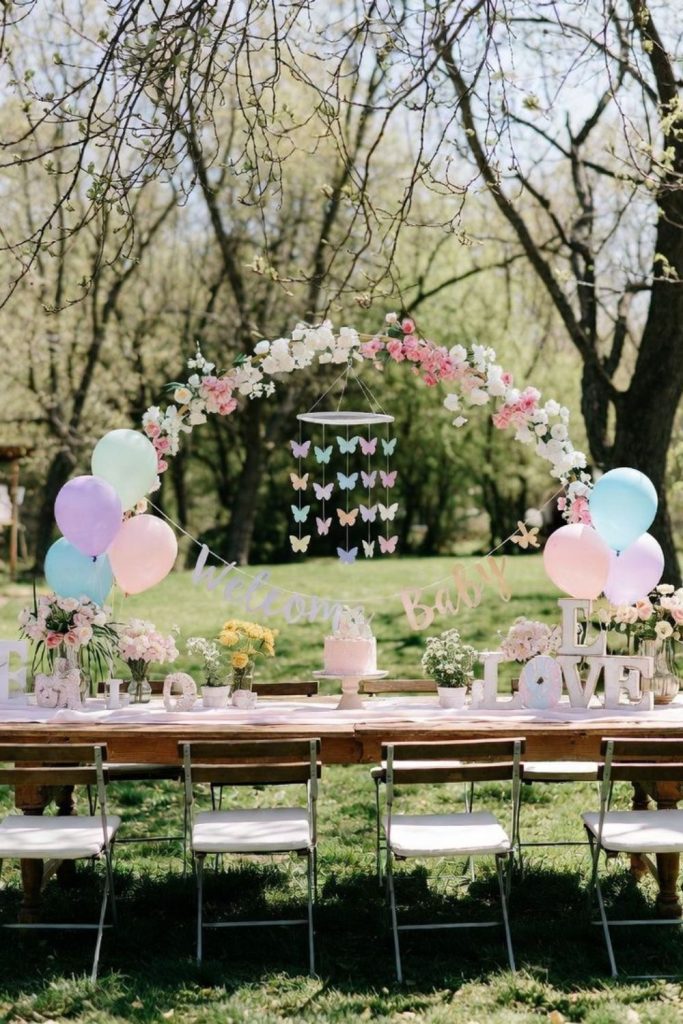 Secret garden floral outdoor baby shower.