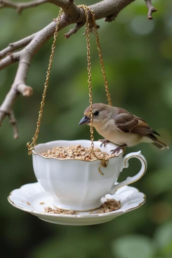 Vintage bird feeders hanging on branches