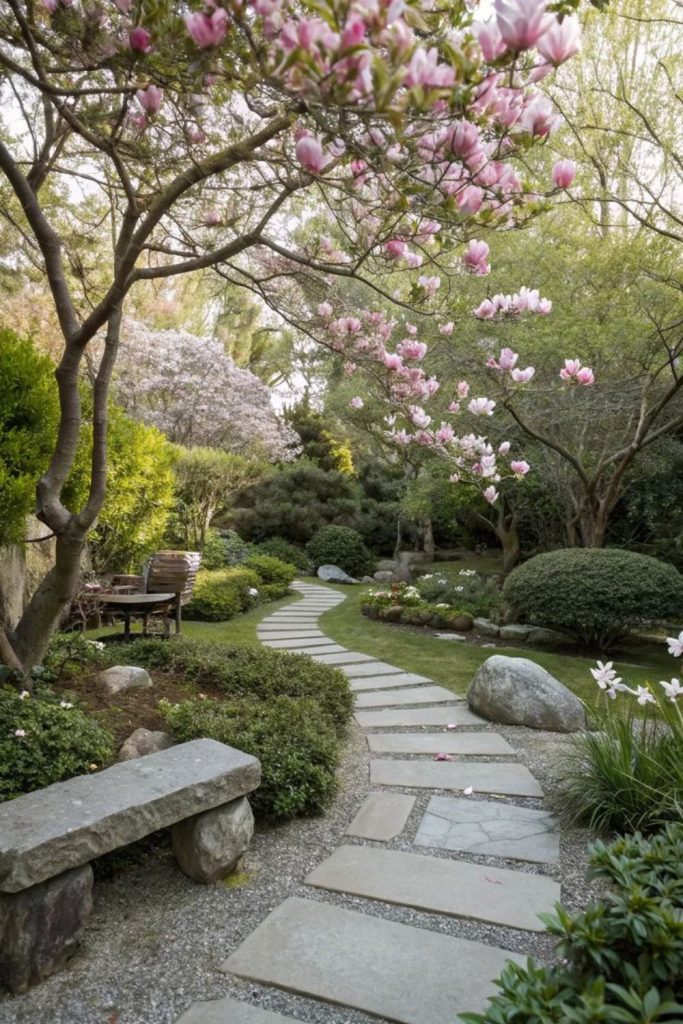 Magnolias shading uneven gravel garden path.