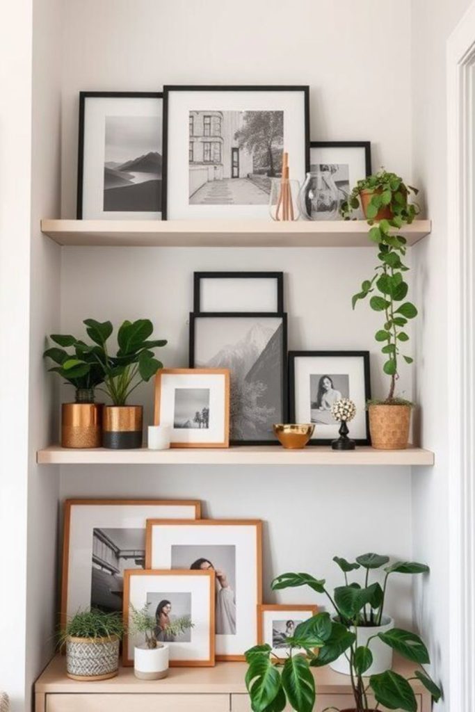 Layered picture ledge shelf display wall.