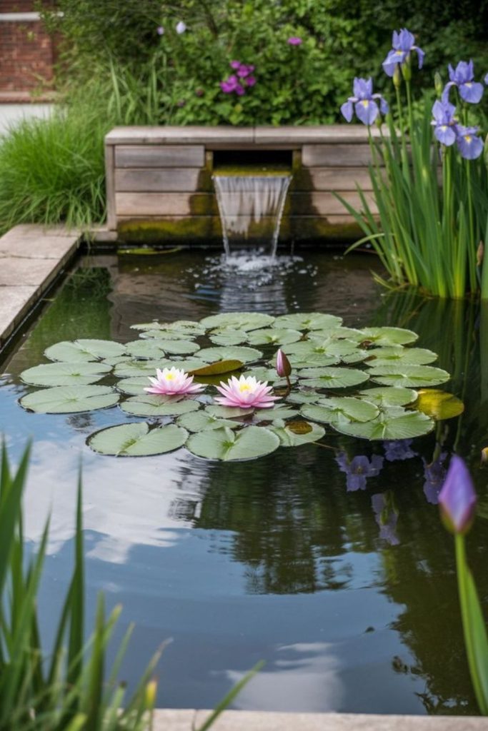 Floating lilies shimmer across irregular pond.