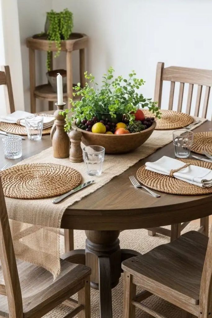 Simple bowl centerpiece on dining table.