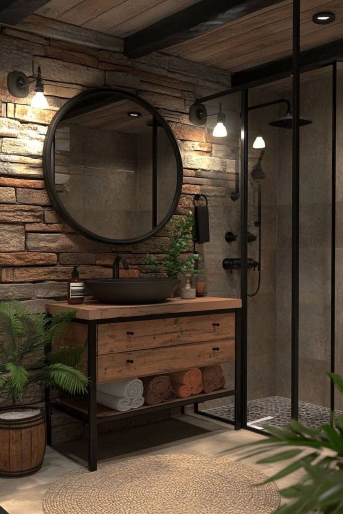 Wood and slate corner shower blend.