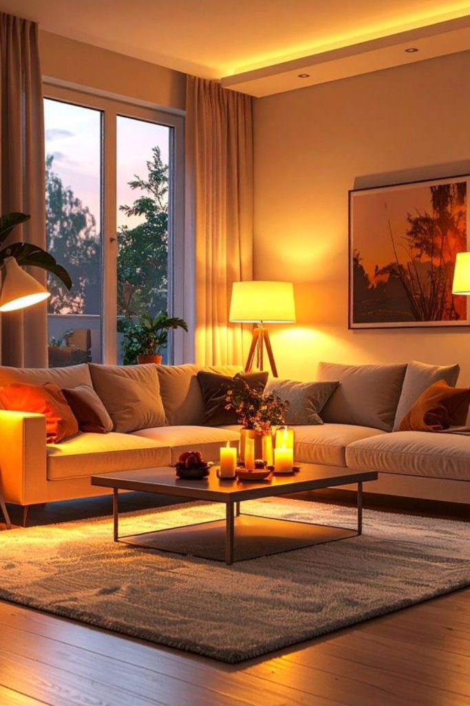 Cozy room with layered warm lighting.