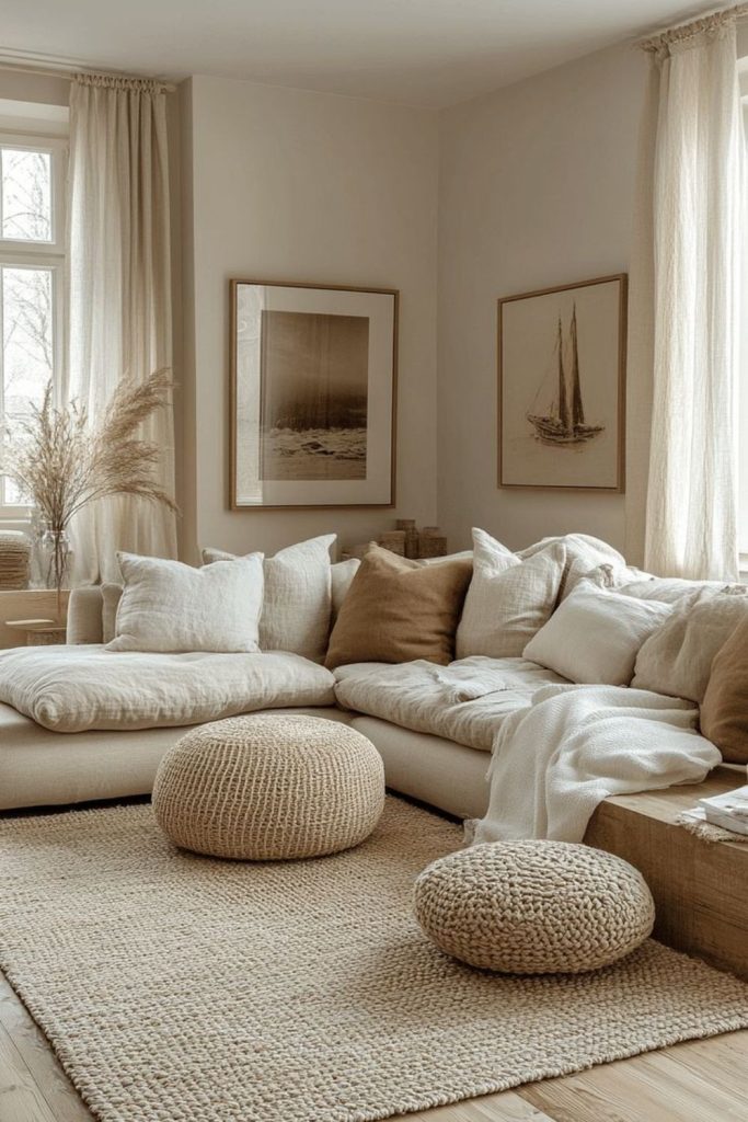 Soft beige monochrome airy lounge.