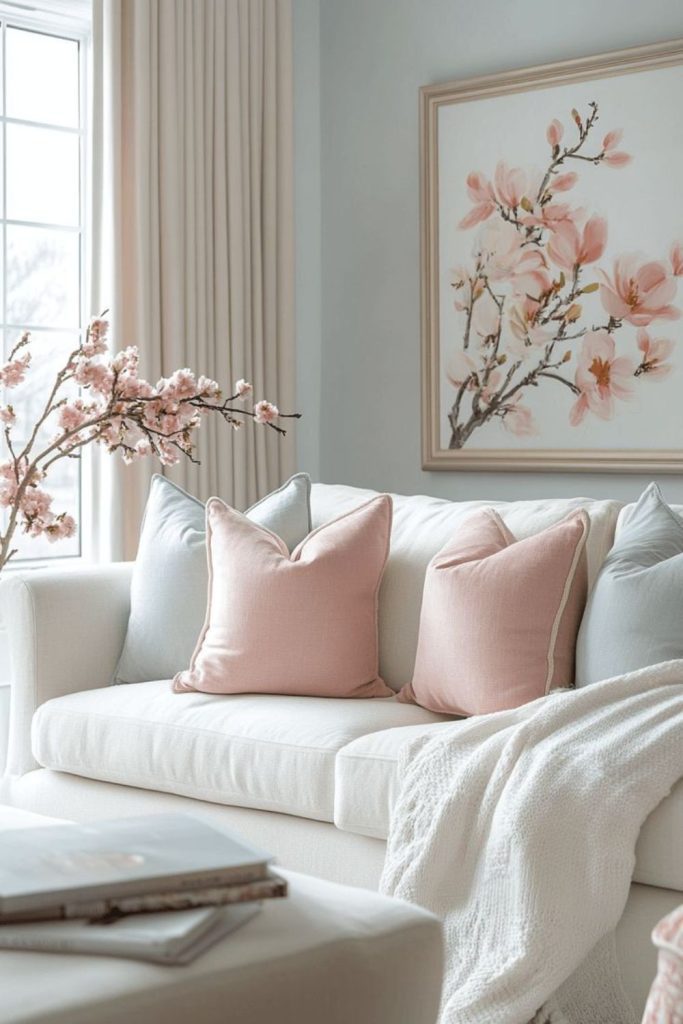 Soft pastel decor accents in room.