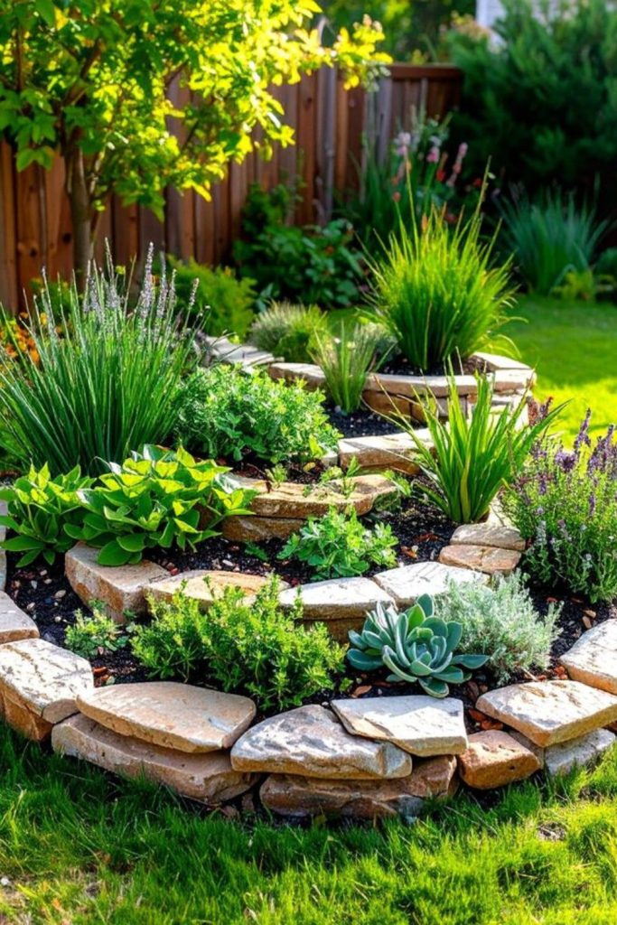 Spiraling herbs over jagged stone paths.