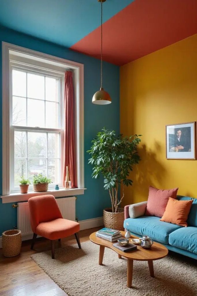 Bold painted ceiling statement look.