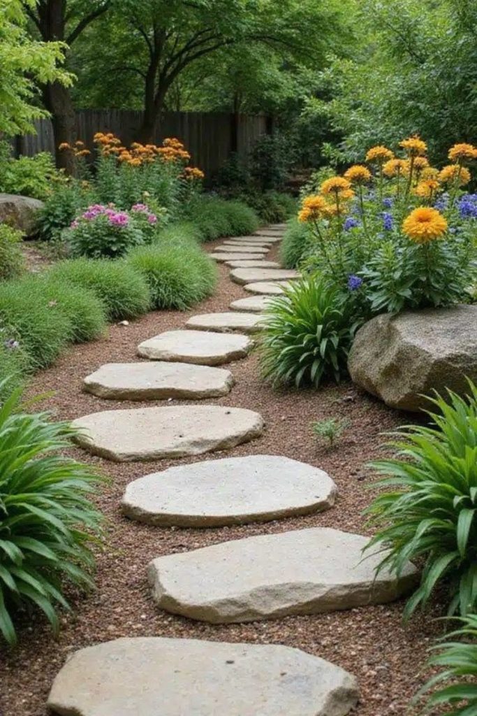 Mossy stone pathway through garden