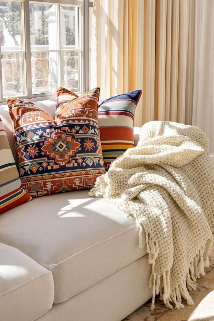 Subtle patterned cushions on sofa.