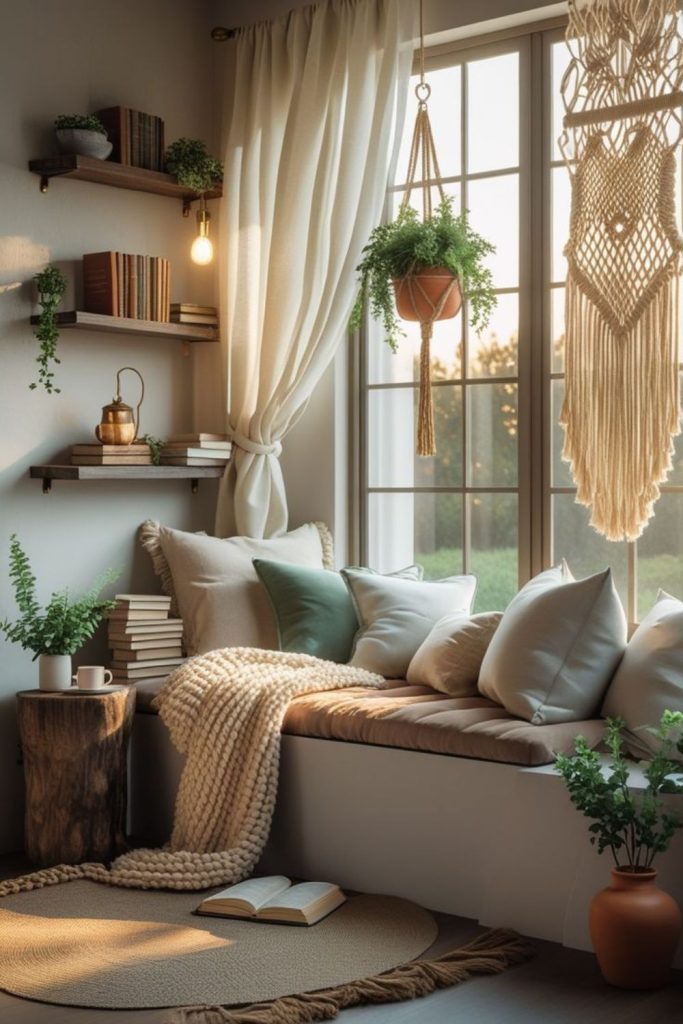 Cozy sunlit reading corner with cushions.