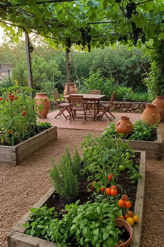 Herb beds on uneven stone terrace.