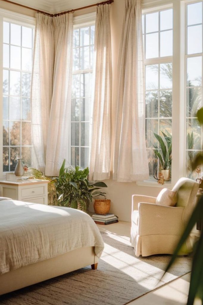 Sunlight streaming softly through airy curtains.