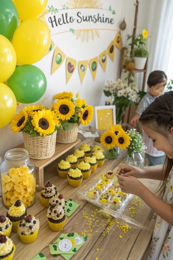 Sunflower golden summer themed baby shower.